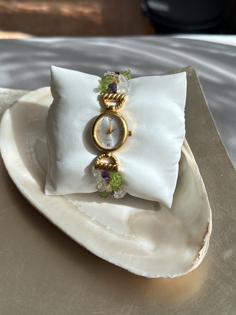 Unique Gold-Tone Gemstone Quartz Watch Bracelet Peridot Amethyst Clear Crystal
